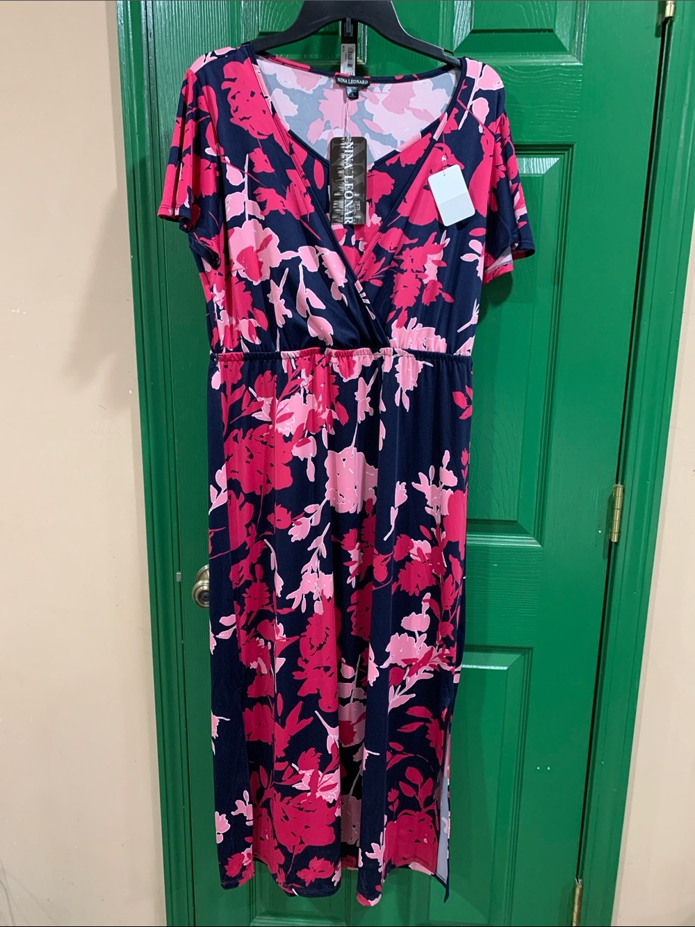 Nina Leonard Navy Dress with Hot Pink & Light Pink Floral Print
